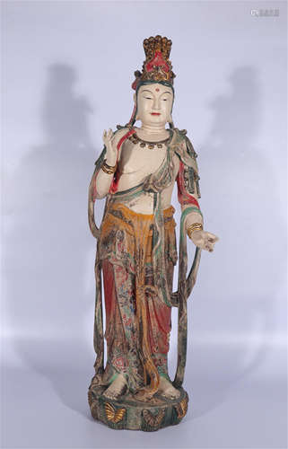 CHINESE COLOR PAINTED SANDLEWOOD STANDING GUANYIN