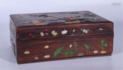 CHINESE GEM STONE INLAID HONGMU LIDDED BOX