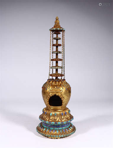 CHINESE TURQUOISE INLAID GILT BRONZE BUDDHIST TOWER NICHE