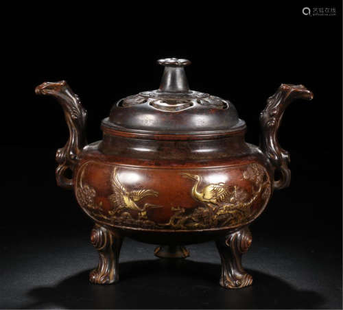 CHINESE PARTLY GILT TRIPLE FEED CRANE CENSER WITH ROSEWOOD LIDDER