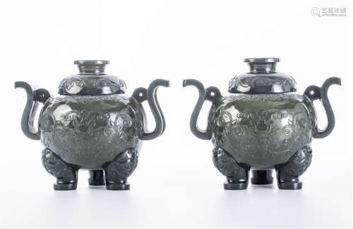 PAIR OF CHINESE SPINACH JADE TRIPLE FEET LIDDED CENSER