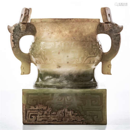 CHINESE ANCIENT JADE HANDLE ROUND CENSER ON STAND