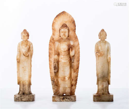 THREE CHINESE ANCIENT JADE STANDING BUDDHA