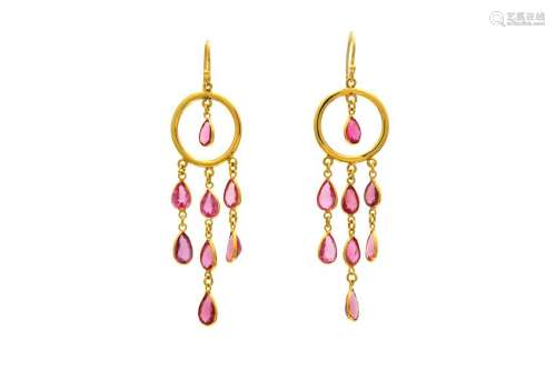 A pair of pink tourmaline pendent earrings