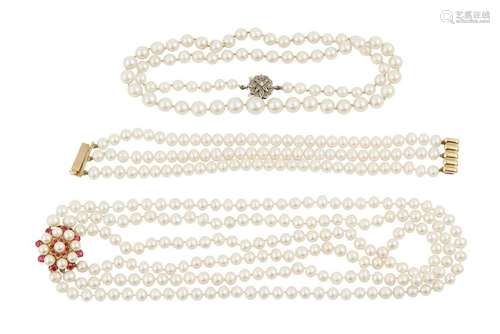 Two cultured pearl necklaces and a bracelet