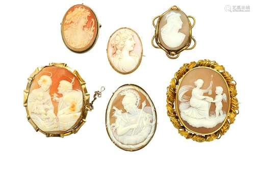 A collection of six shell cameo brooches