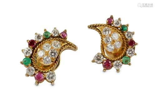 TWO YELLOW METAL BOTEH-SHAPED DIAMOND, RUBY AND EMERALD