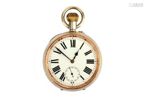 A NICKLE SILVER GOLIATH OPEN FACED POCKET WATCH.