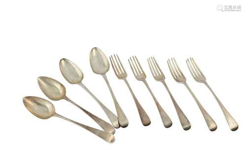 A set of five George III sterling silver table forks,