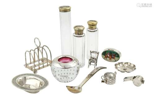 A mixed group of silver items, including a whistle