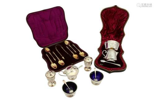 A cased George V sterling silver five piece cruet set,