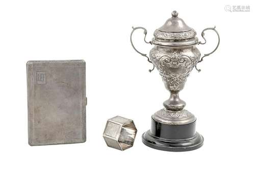 A George V sterling silver twin handled cup and cover,