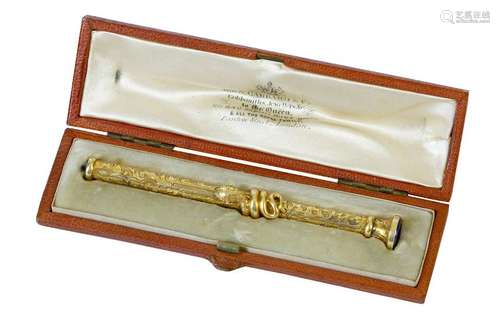 A cased Victorian unmarked gold propelling pencil,