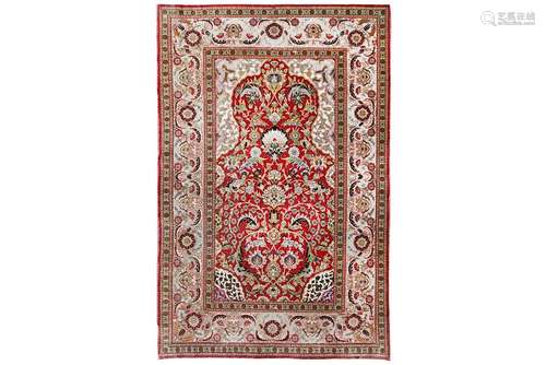 A VERY FINE SILK & METAL THREAD HEREKE PRAYER RUG,