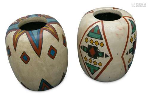 Two decorative African painted wooden vases