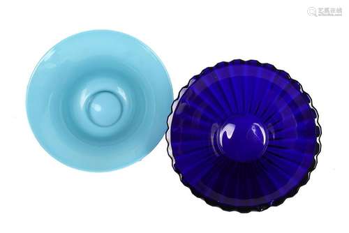 A blue glass bowl, possibly Steuben;