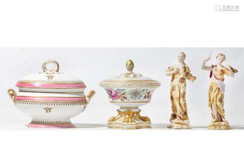 Two porcelain tureens and two figures