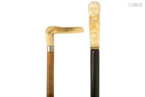 A Continental walking stick, the bone handle carved