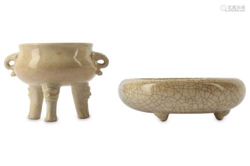 TWO CHINESE CRACKLE-GLAZE INCENSE BURNERS.