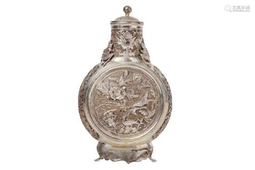A CHINESE CANTON SILVER MOON FLASK AND COVER.