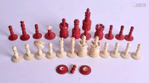 A 19TH CENTURY CONTINENTAL CARVED IVORY CHESS SET.