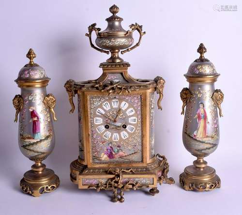 A 19TH CENTURY FRENCH SEVRES PORCELAIN CLOCK GARNITURE