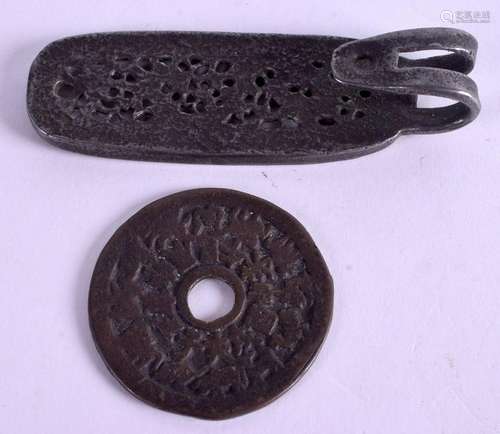 A CHINESE BRONZE COIN and a similar buckle. (2)