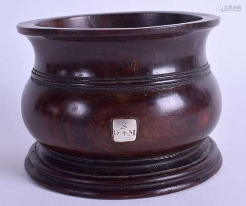 AN 18TH CENTURY TREEN FRUITWOOD SILVER INLAID MORTAR.