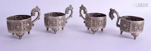 TWO PAIRS OF CHINESE WHITE METAL CUPS. 300 grams. 11 cm