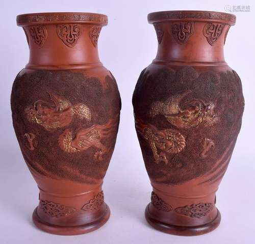 A PAIR OF JAPANESE MEIJI PERIOD REDWARE VASES. 24.5 cm