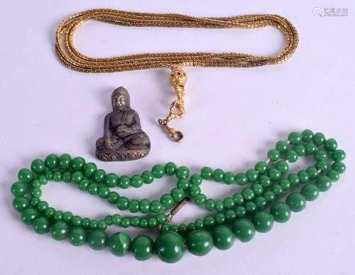 A BRONZE BUDDHA together with hardstone necklace etc.