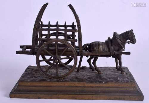 AN ANTIQUE CONTINENTAL BRONE HORSE AND CART. 18 cm x 13