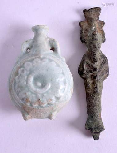 AN EARLY CHINESE MIDDLE EASTERN CELADON FLASK together