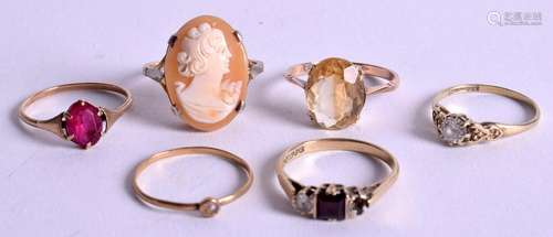 SIX VINTAGE 9CT GOLD RINGS. 11.1 grams. (6)