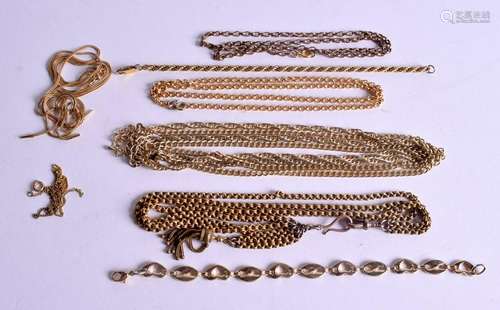 EIGHT YELLOW METAL CHAINS & NECKLACES. (8)