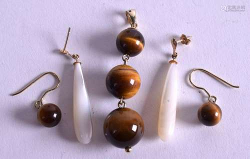 TWO PAIRS OF GOLD AND TIGERS EYE EARRINGS together with