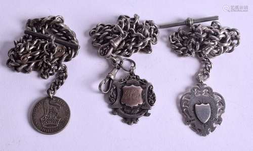 THREE SILVER WATCH CHAINS. (3)