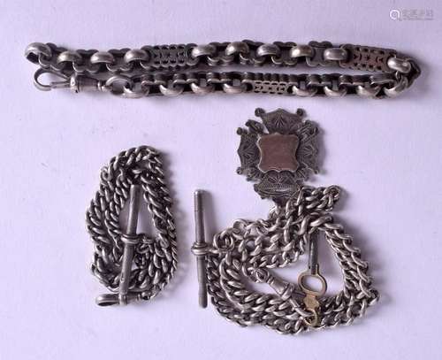 THREE SILVER WATCH CHAINS. (3)