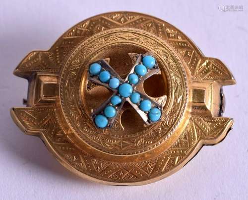 A VICTORIAN 15CT TURQUOISE BROOCH. 8.5 grams. 3.5 cm