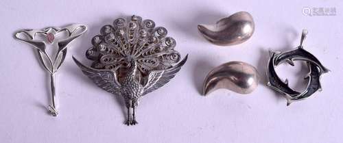 THREE SILVER PENDANTS and a pair of silver earrings.