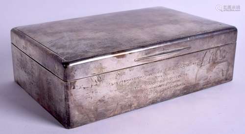 A LARGE 1930S MILITARY PRESENTED SILVER CIGARETTE BOX.