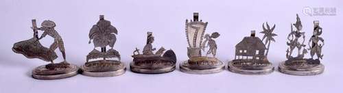 SIX ANTIQUE INDIAN SILVER MENU HOLDERS. 5.25 cm high.