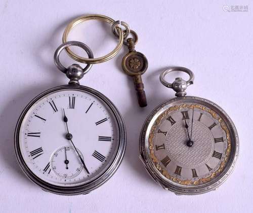 TWO ANTIQUE SILVER FOB WATCHES. 4.5 cm wide. (2)