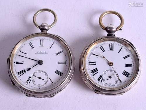 TWO ANTIQUE SILVER POCKET WATCHES. 5 cm wide. (2)