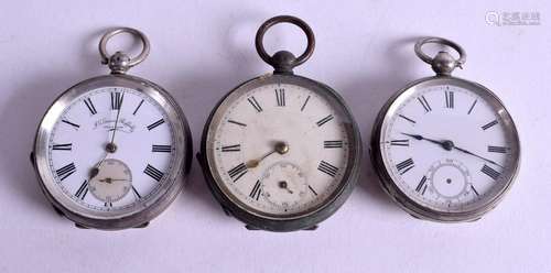 THREE ANTIQUE SILVER POCKET WATCHES. (3)