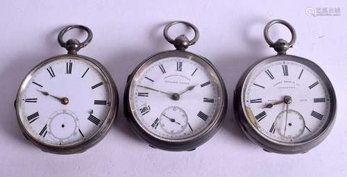 THREE ANTIQUE SILVER POCKET WATCHES. (3)