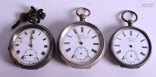 THREE ANTIQUE SILVER POCKET WATCHES. (3)