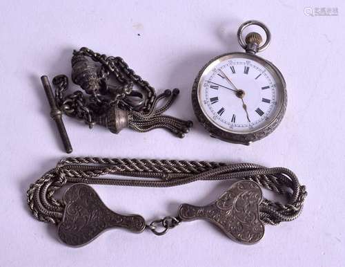 AN ANTIQUE SILVER FOB WATCH with chain. 2.5 cm wide.