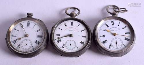 THREE ANTIQUE SILVER POCKET WATCHES. (3)