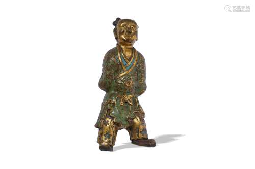 A CHINESE CHAMPLEVE ENAMEL FIGURE OF A BOY.